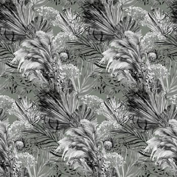 Monochrome watercolor seamless pattern with herbarium of protea flowers and tropical palm leaves on grey for textile