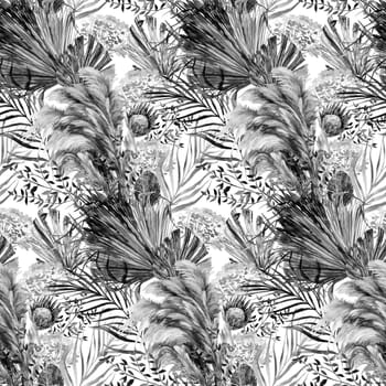 Monochrome watercolor seamless pattern with herbarium of protea flowers and tropical palm leaves on white for textile