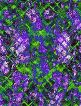 Textile abstract seamless pattern with rhombuses and animal textures. A mix of violet and green hues in stylized snake skins for fabrics and surface designs