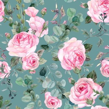 Retro seamless pattern with delicate roses and branches on a green background for textiles and retro designs