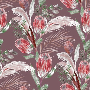 Watercolor seamless pattern with a herbarium of protea flowers and tropical palm leaves for summer textiles of women is dresses