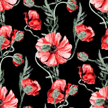 Seamless realistic botanical watercolor pattern with red poppies on a black background. Vintage summer print for textile and surface design.
