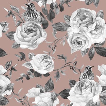 black and white watercolor seamless pattern with roses and hummingbirds on brown background for textiles and packaging and surface design