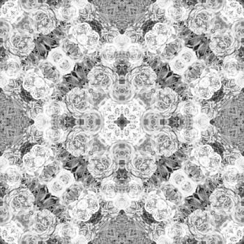 Botanical seamless abstract pattern with silhouettes of roses and tropical dried flowers for vibrant summer textile and surface design. Layered mix in black and white with symmetrical white roses