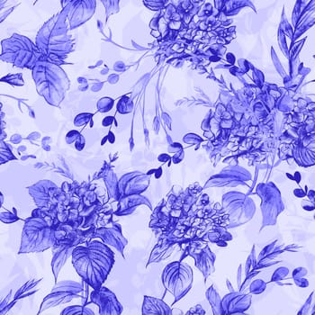 Seamless pattern with hydrangea and herb flowers in blue monochrome shades. Botanical motif for textile and surface design