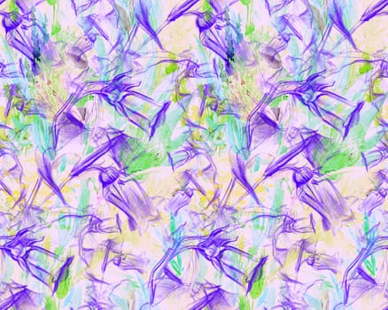 Seamless pattern with bluebell flower drawn in purple pencil on a multicolored background for textile and design. Summer layered mix