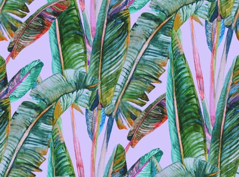 seamless pattern with watercolor banana palm leaves in dark green purple shades on a lilac background