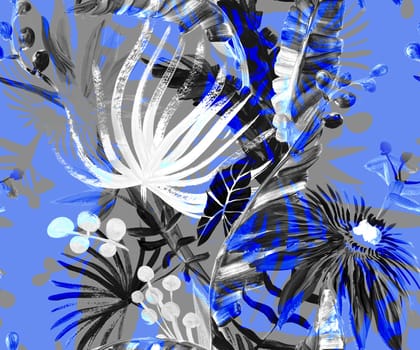 Monochrome seamless pattern with tropical flowers and leaves painted in drybrush gouache for the textile