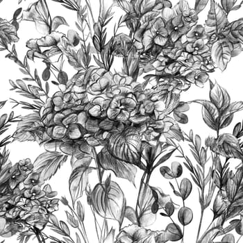 Botanical textile pattern. Seamless black and white print with hydrangea flowers and herbs collected in a bouquet painted with watercolor and pencil on a white background for textiles and surface design