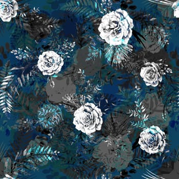 Monochrome blue realistic mix silhouettes of garden roses and branches with flower silhouettes for textile