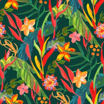 bright seamless pattern with multicolored tropical flowers and leaves on a green background for design surfaces