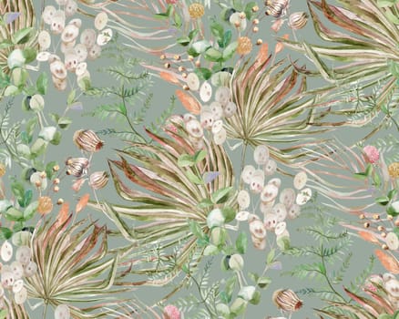 Seamless watercolor pattern with graceful herbs and flowers with leaves for textile