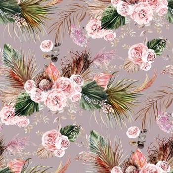 Watercolor seamless pattern in boho style with botanical composition of dried flowers with palm leaves and delicate rose