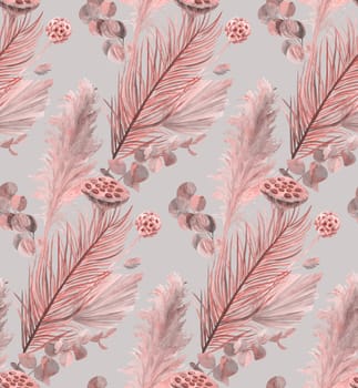 monochrome seamless watercolor pattern with dried flowers and dry palm leaves on gray background for textiles and surface design