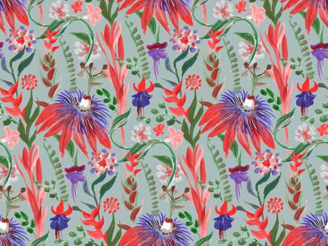 Seamless art pattern with bright tropics in red flowers painted with gouache in dry brush for textile