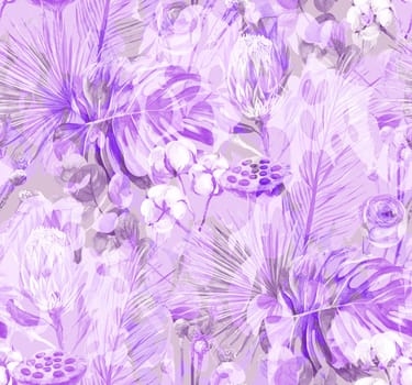 Watercolor seamless monochrome pattern with tropical protea flowers and dry palm leaves in purple shades.A modern mix of herbarium silhouettes of dried flowers and dried tropical palm leaves in Boho style for summer textiles and surface design