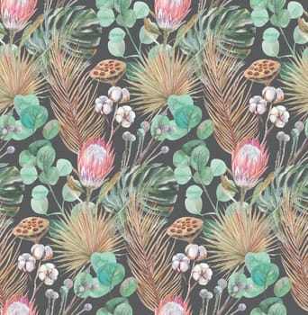 watercolor modern boho pattern with tropical dried flowers and flowers of proteus and monstera n on a gray background for textiles and surface design