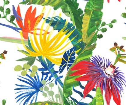 bright seamless pattern with multicolored tropical flowers and leaves painted in drybrush gouache for textile