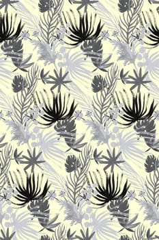 Monochrome textile seamless pattern with tropical dried flowers in black and white for textile and design surfaces