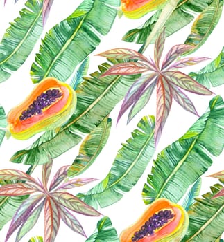 summer print with papaya and banana leaves painted with watercolors on the diagonal
