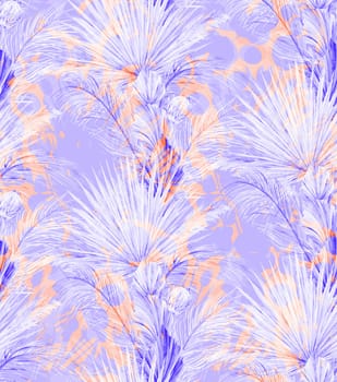 Mix of seamless tropical pattern with palm and monstera leaves and purple silhouettes of a bouquet of eucalyptus branches for summer textiles and surface design