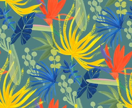 bright seamless pattern with multicolored tropical flowers and leaves on a green background for design surfaces