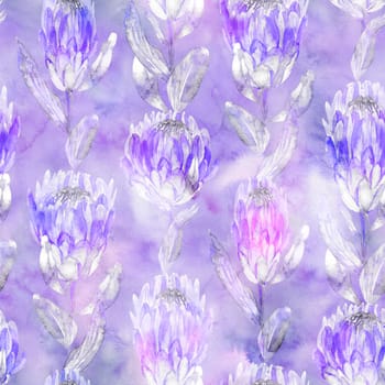 Watercolor seamless pattern with typography of vertical protea flowers on a watercolor purple background for textile and surface design