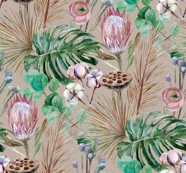 Watercolor pattern with tropical protea flowers and monstera leaves on a beige background. A modern herbarium of dried flowers and eucalyptus branches and dried tropical palm leaves for summer textiles and surface design