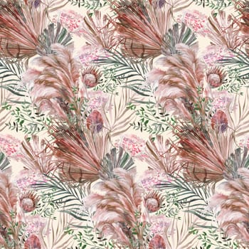 Watercolor seamless pattern with a herbarium of protea flowers and tropical palm leaves