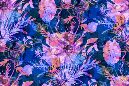Botanical motif with poppy flowers and various multicolored herb silhouettes on a blue background. Seamless pattern for summer textile and surface design