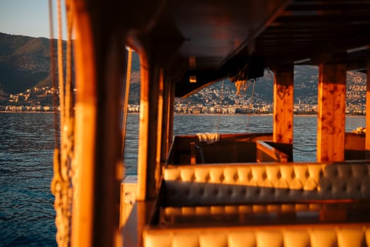 A breathtakingly stunning view from an opulent luxurious boat at sunset, capturing deep tranquility over the vast water