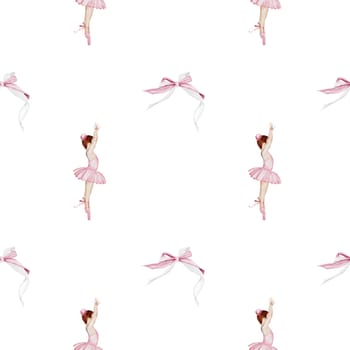 Ballerina watercolor pattern. Hand drawn seamless incredible girl dancer in pink tutu skirt with vintage bows. Clip art on isolated white background of cute ballet beauty.Ideal for baby textiles