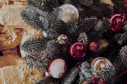 Background for Christmas and New Year's Eve. Beautiful wide angle holiday template with Christmas ball on the tree and glare.