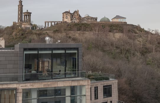Edinburgh, Scotland - Jan 19, 2024 - View of Calton Hill with the skyline seen from the top of St James Quarter shopping centre in Edinburgh city. Destinations in Europe, Copy space, Selective focus.
