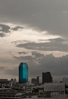 Bangkok, Thailand - 14 Aug, 2024 - Architecture exterior of Modern high-rise buildings of Dramatic sky in the city of Bangkok. Picturesque view of skyscrapers before Sunset, Space for text, Selective focus.