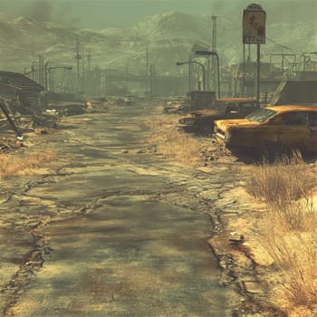 Submerged street in a devastated city with abandoned cars and ruined buildings, showcasing the aftermath of a catastrophic event in a post apocalyptic world.