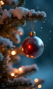 A beautiful red ornament is gracefully suspended from a snow-laden branch, with soft glowing lights and delicate snowflakes creating a serene winter atmosphere - Generative AI