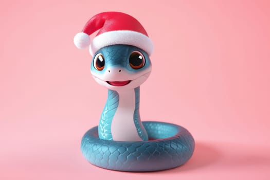 Cartoon blue snake in santa hat on pink background