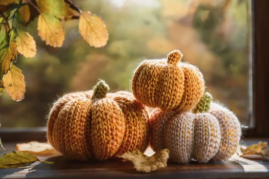 Knitted pumpkins lie on the windowsill by the window. Golden autumn with yellow leaves outside the window