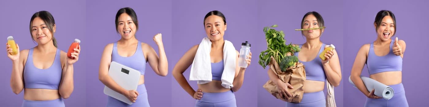 Asian woman displays a variety of health and fitness products, including drinks, a scale, and fresh produce, reflecting her commitment to a healthy lifestyle during an active session.
