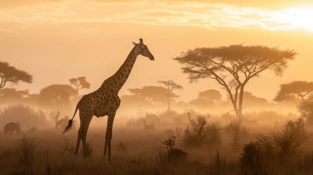 Giraffe standing tall against a backdrop of acacia trees on the african savannah at sunrise. the golden light creates a tranquil silhouette, the vast open landscape and the giraffe's elegance.