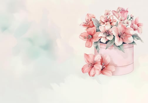 A delicate arrangement of pink flowers fills a pastel-colored vase, set against a soft, muted background highlighting the floral beauty and artistry.