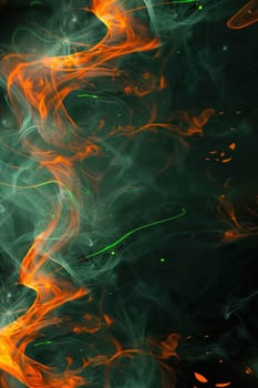 Neon orange and green swirling lines cut through a fog-filled black sky, creating a dynamic and eerie halloween abstract scene. faint ghostly shapes and glowing pumpkin faces add to the spooky atmosphere.