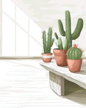 Several cacti in terracotta pots rest on a wooden shelf in a bright room filled with natural light, creating a serene indoor garden atmosphere.
