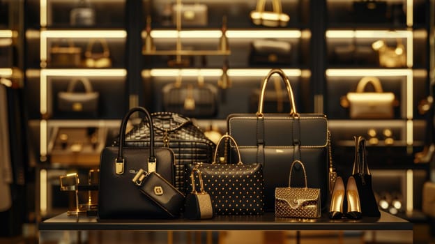 A visually striking poster showcasing fashionable designer handbags, shoes, and accessories set against a boutique backdrop under soft gold lighting. ideal for promotions during cyber week or luxury fashion events.