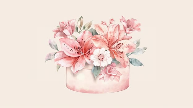 A lovely collection of pink lilies and additional flowers fills a round container, creating a delicate and elegant display against a soft backdrop, perfect for various occasions.