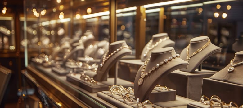 Luxurious jewelry store with elegantly displayed diamond rings and necklaces in glass cases. each item features a black friday sale tag, with soft lighting enhancing the upscale ambiance.