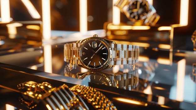Luxury wristwatches and jewelry elegantly displayed on a glossy, reflective surface illuminated with soft gold and white neon lights. perfect for high-end fashion sales and cyber week promotions.