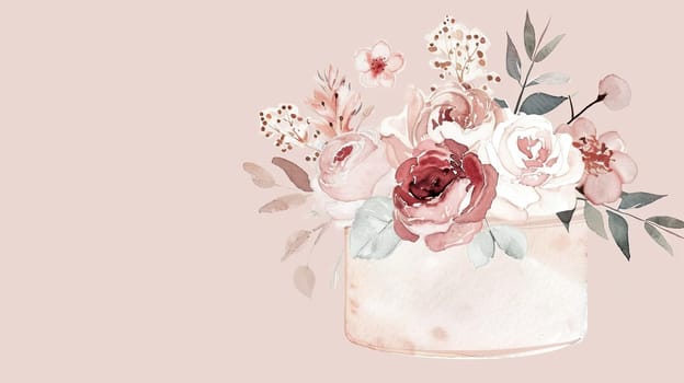 A charming arrangement of watercolor flowers featuring roses and foliage in soft pink hues rests in a round container, perfect for enhancing any decor.