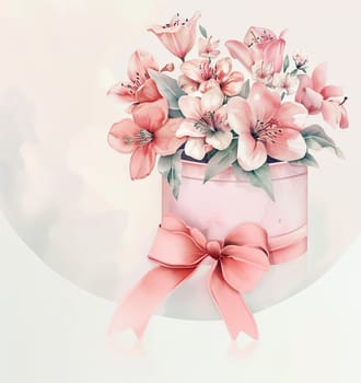 A beautiful arrangement of pastel flowers in a pink round box tied with a soft ribbon. The mix of blooms creates a delicate and charming display perfect for any occasion.